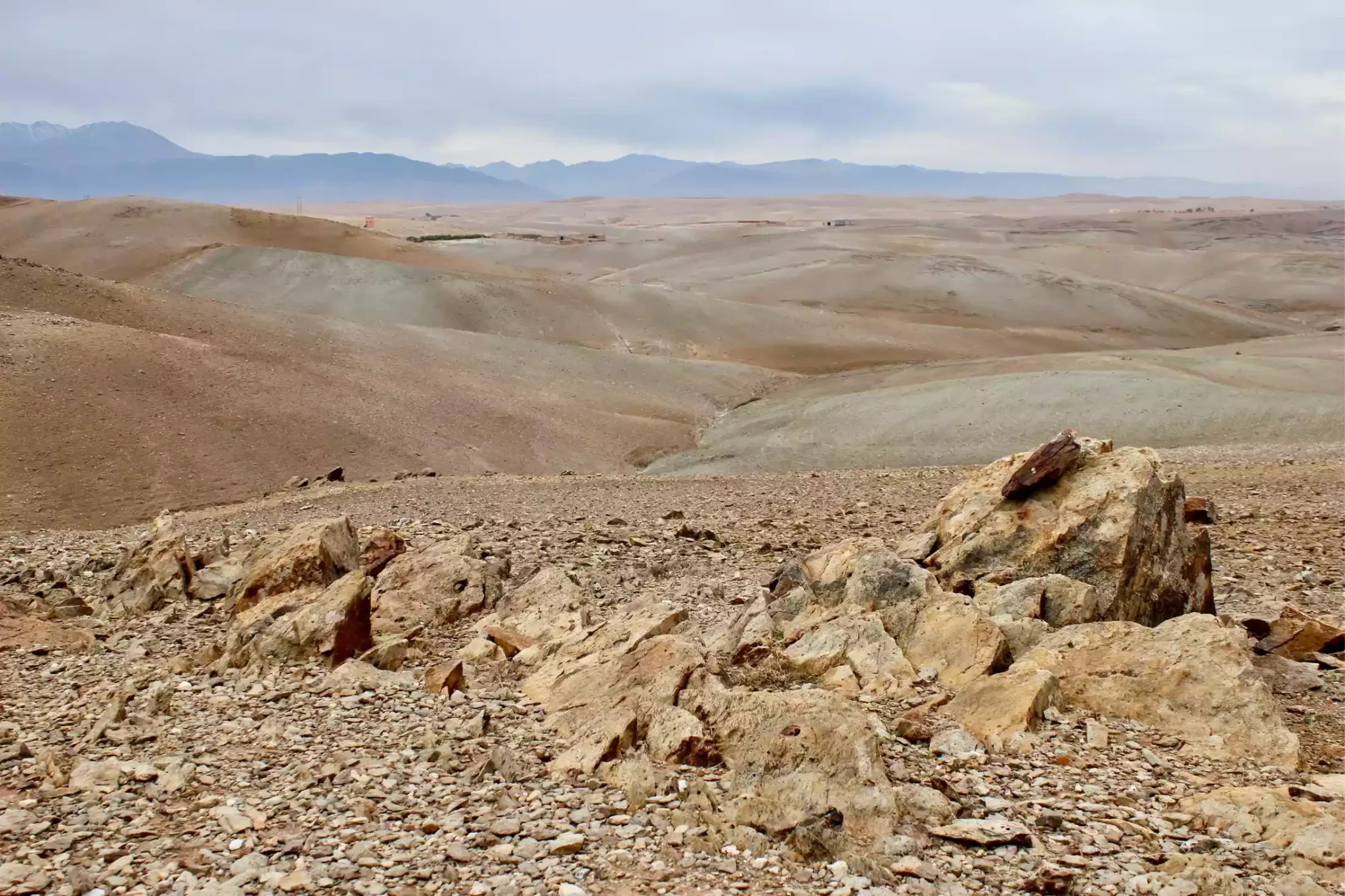 The gravel terrain of Agafay desert with the Atlas mountains in the distance.