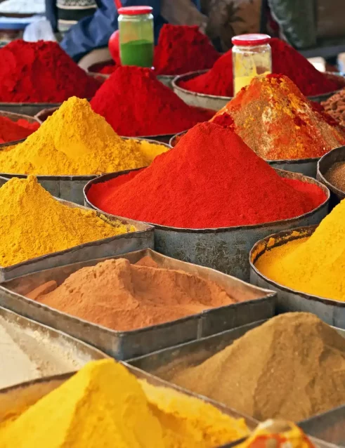 A variety of Moroccan spices in a spice market