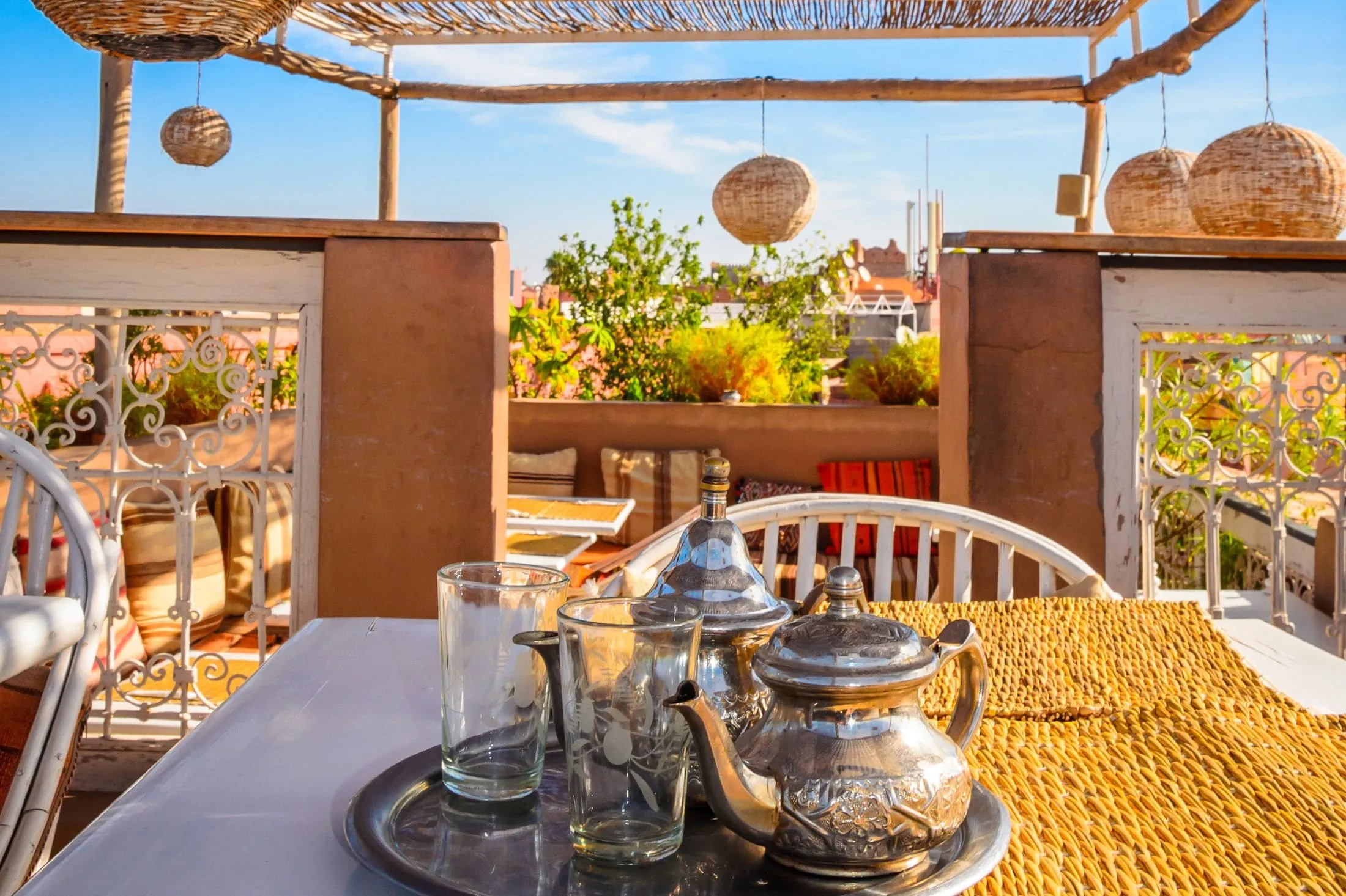 Moroccan tea with mint served on a terrace in Marrakesh