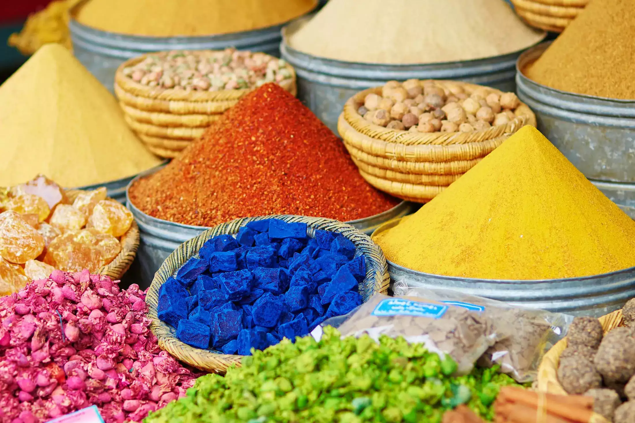 A Diverse offer of spices in a Moroccan spice market
