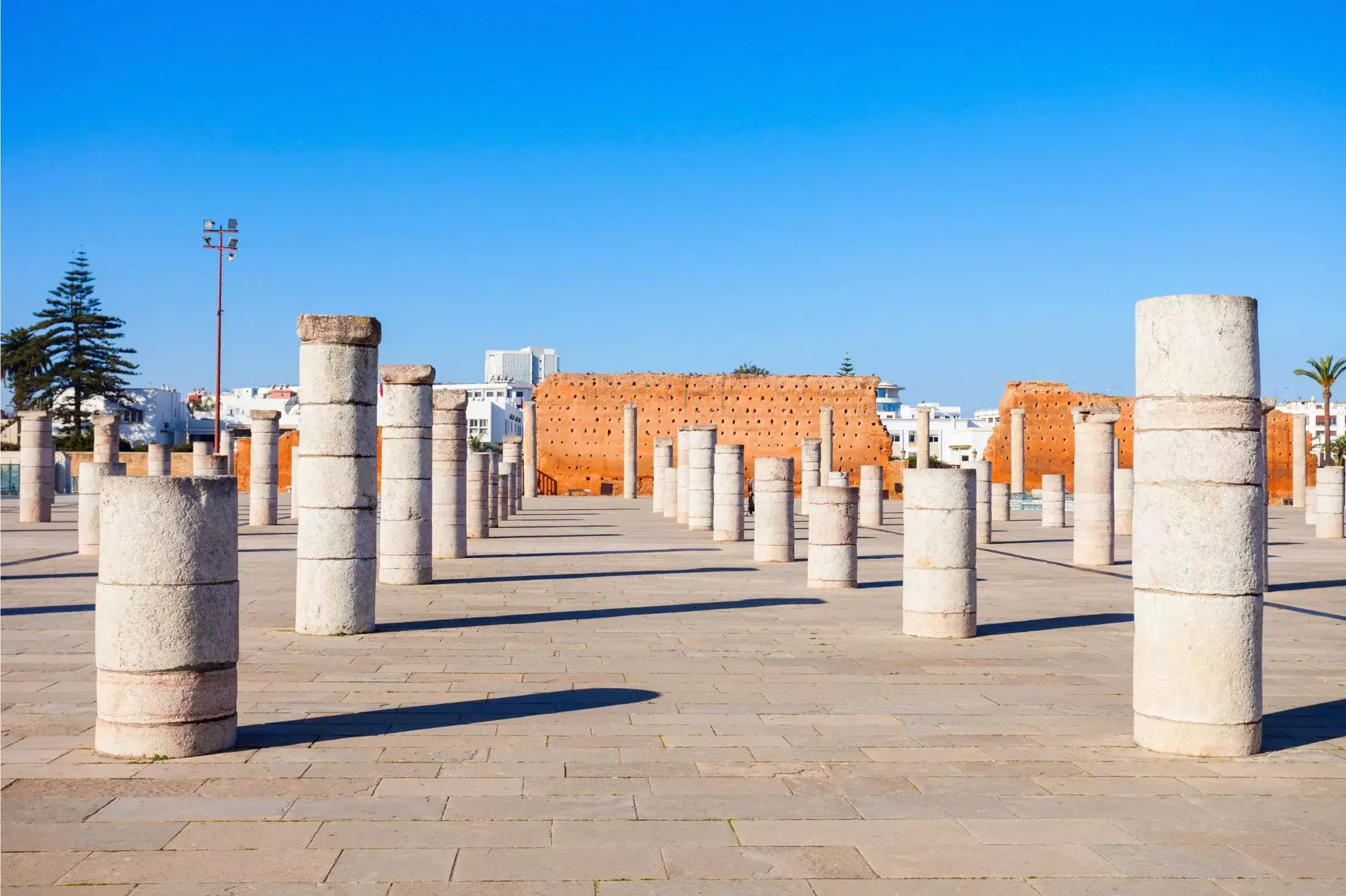Stone columns at the site of Hassan Tower in Morocco